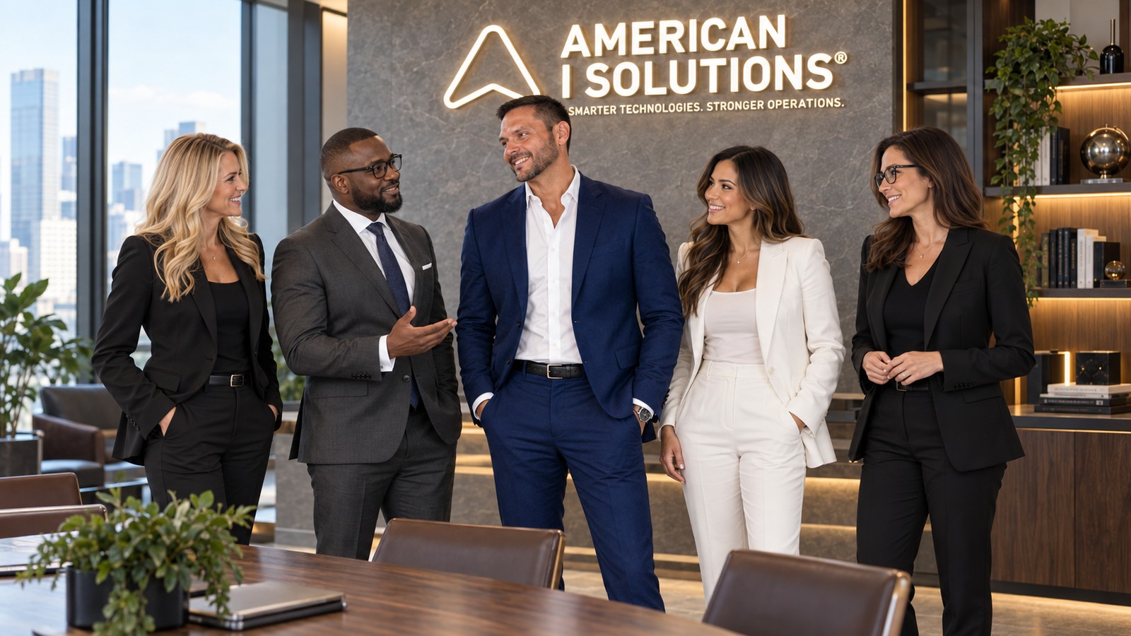Illustrative American I Solutions executive team talking in a meeting room