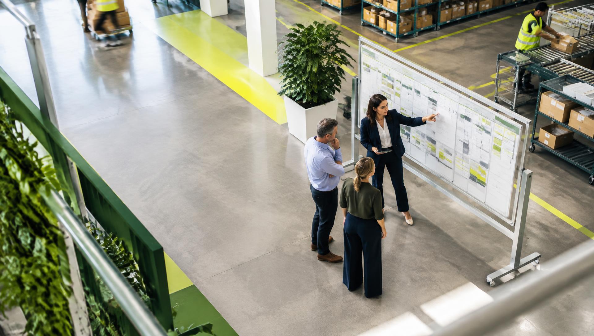 A team reviewing a process on the operations floor